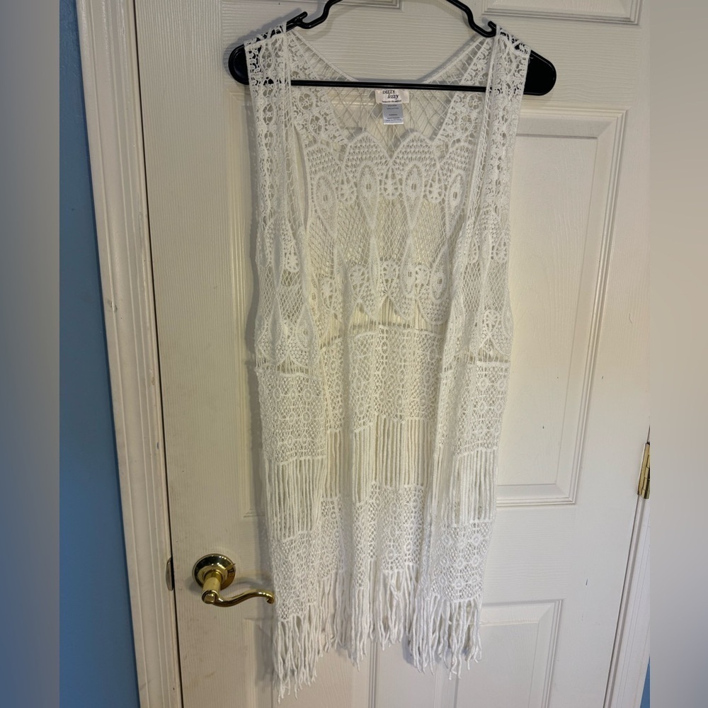 Dizzy Lizzy long open knit boho‎ hippie white sleeveless vest cover up